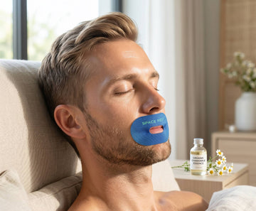 man sits with chamomile space rest mouth tape