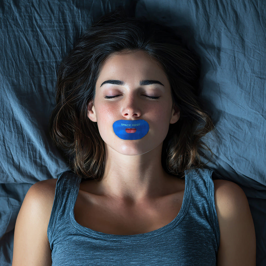 woman wear mouth sleep tape in bed whilst sleeping