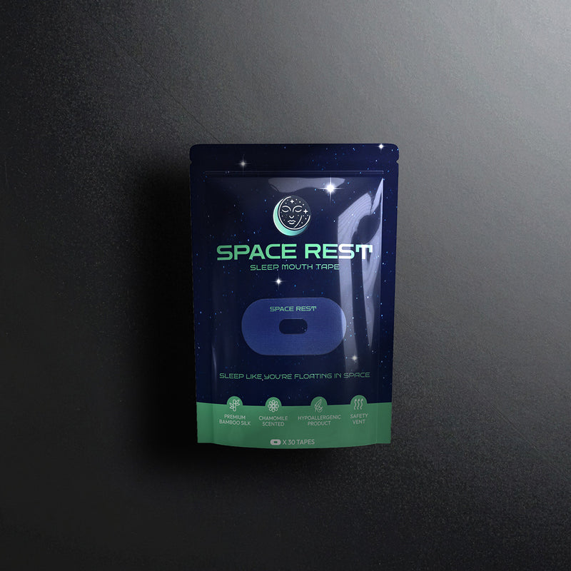 space rest sleep mouth tape package on a dark grey background