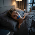 man lying in bed wearing space rest mouth sleep tape, comfortable and getting deep sleep.