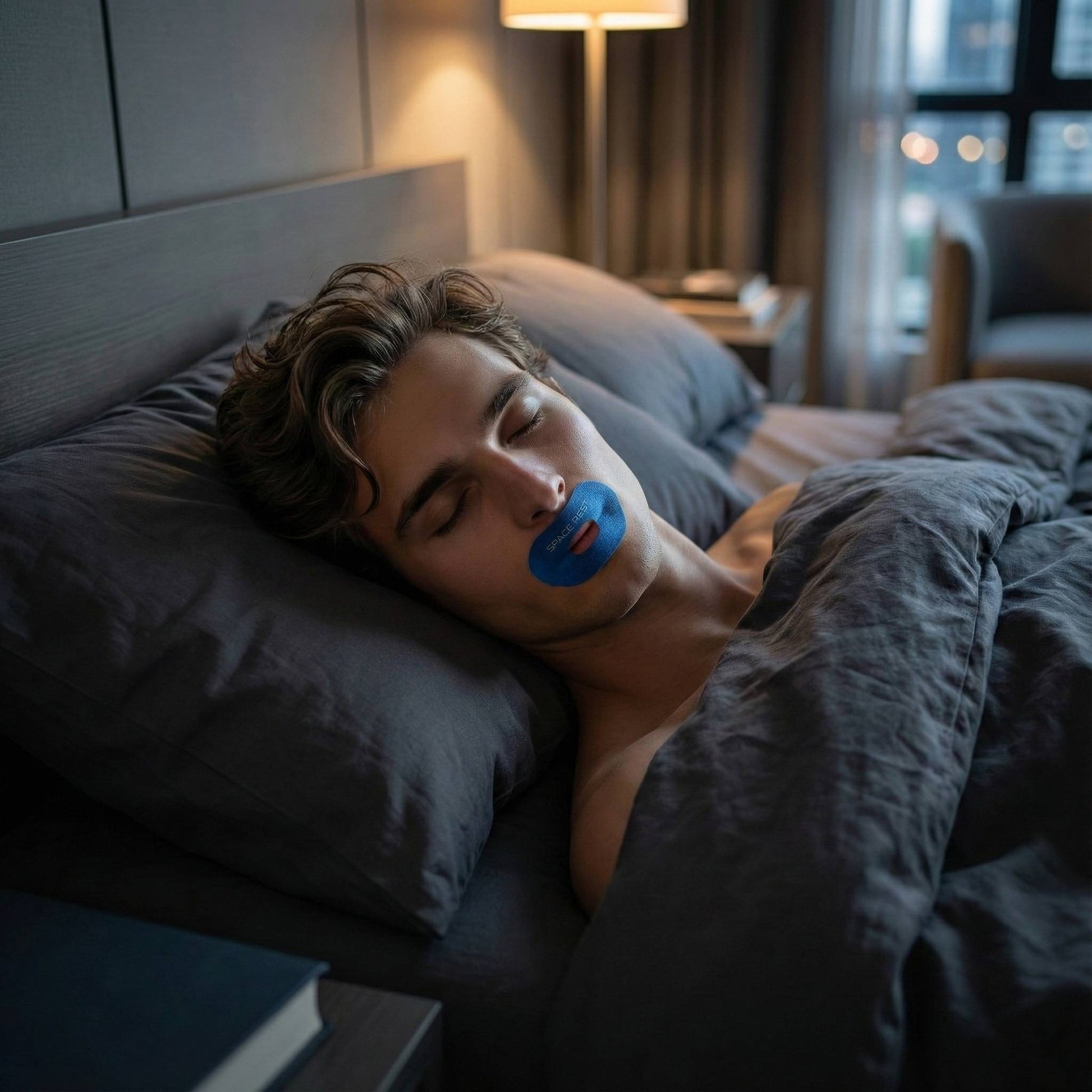 man lying in bed wearing space rest mouth sleep tape, comfortable and getting deep sleep.