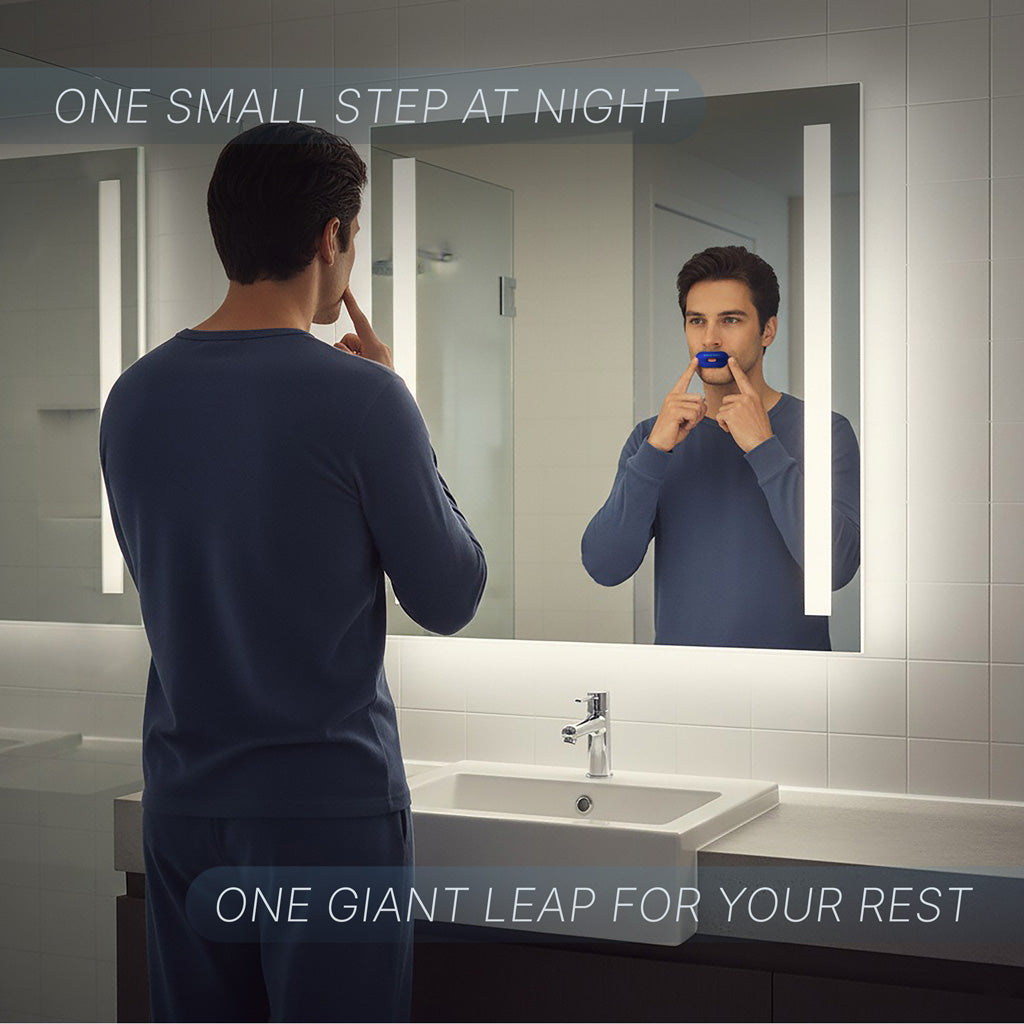 man stands in front of mirror applying space rest sleep mouth tape