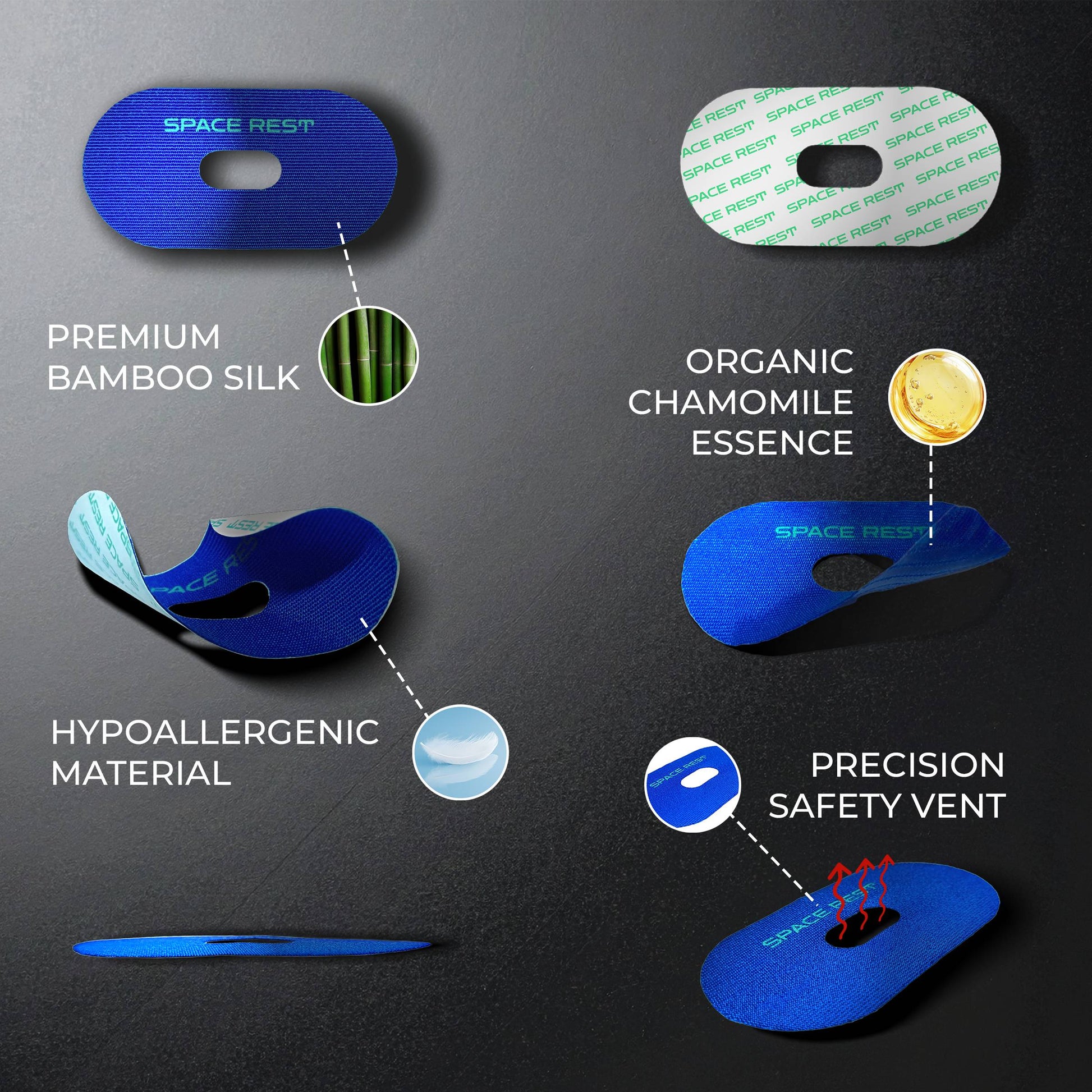 sleep mouth tape bamboo silk, chamomile essence, hypoallergenic, nasal breathing restorative rest.