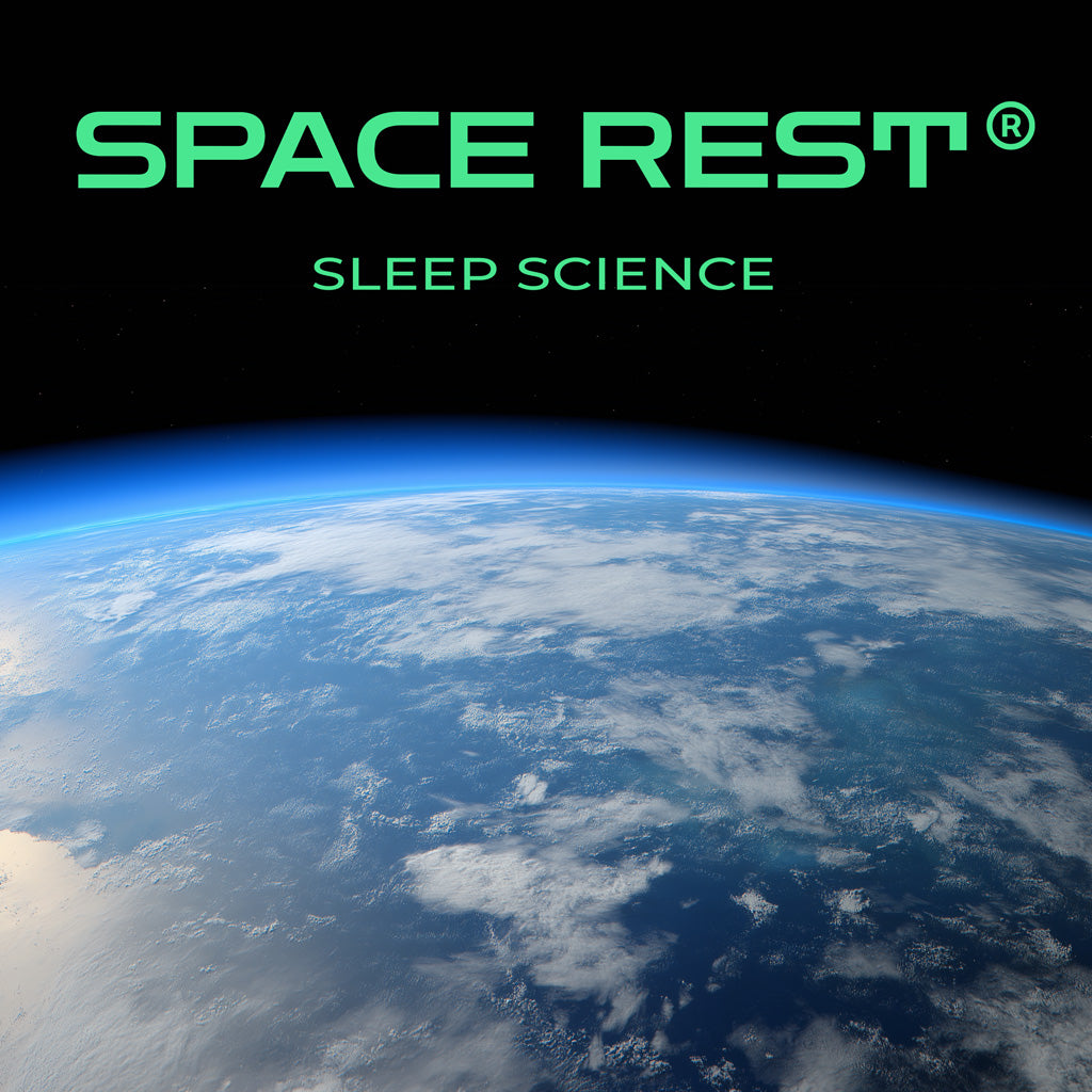 Space-themed advertisement with 'Space Rest Sleep Science' text over Earth view