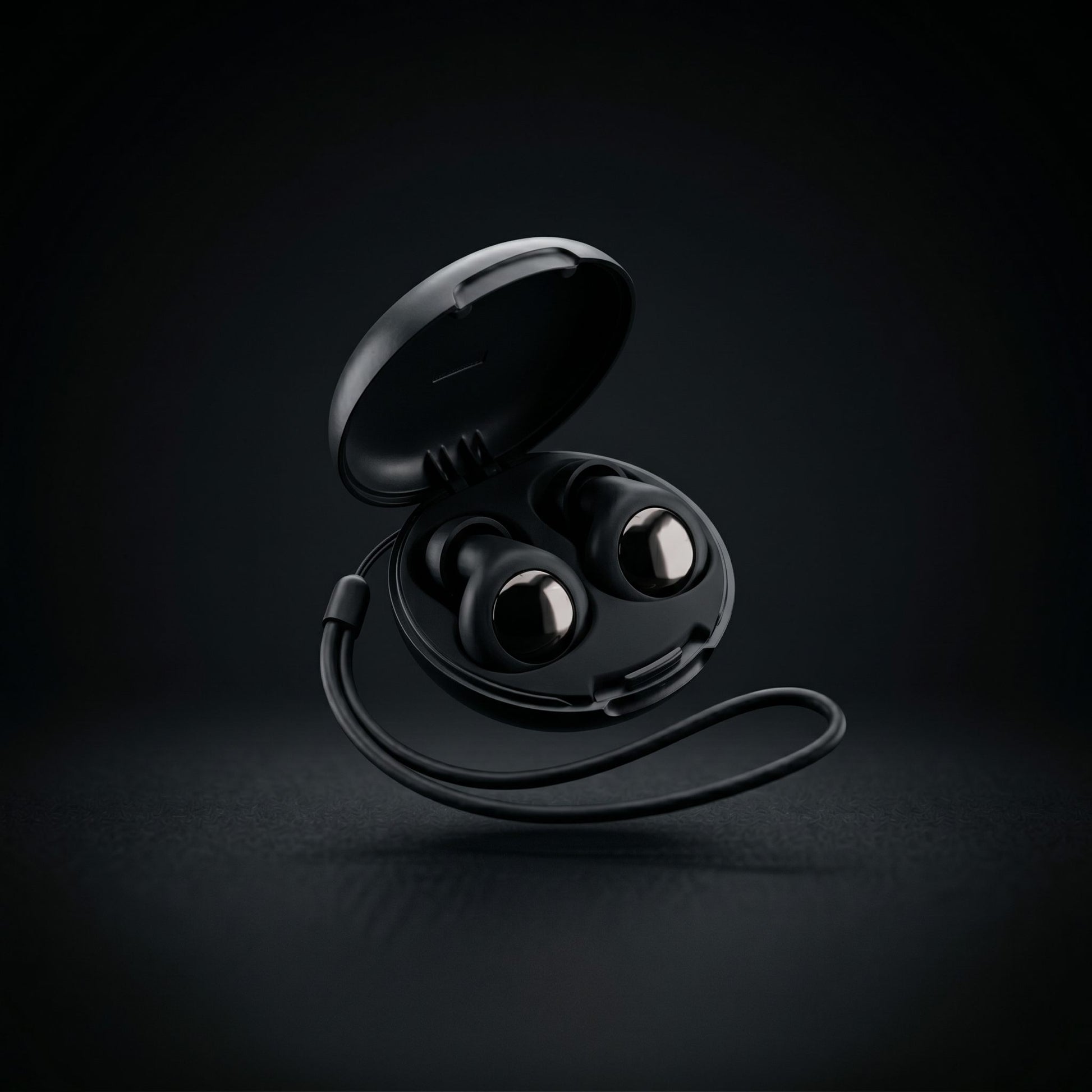 earplugs in case floating with dark background