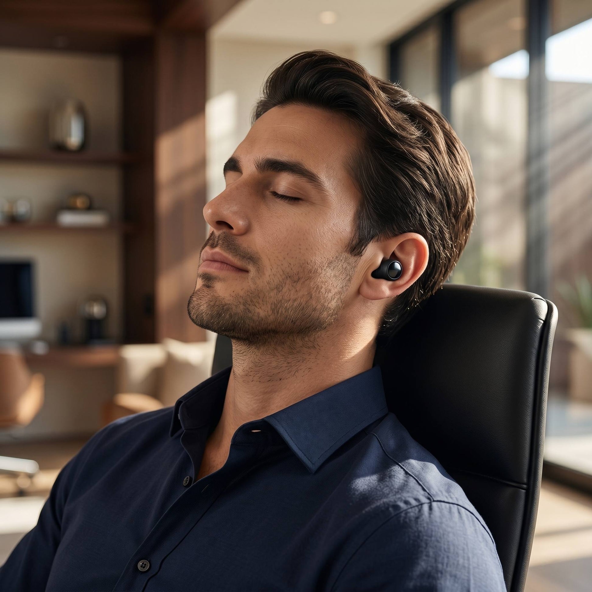 man sits with earplugs