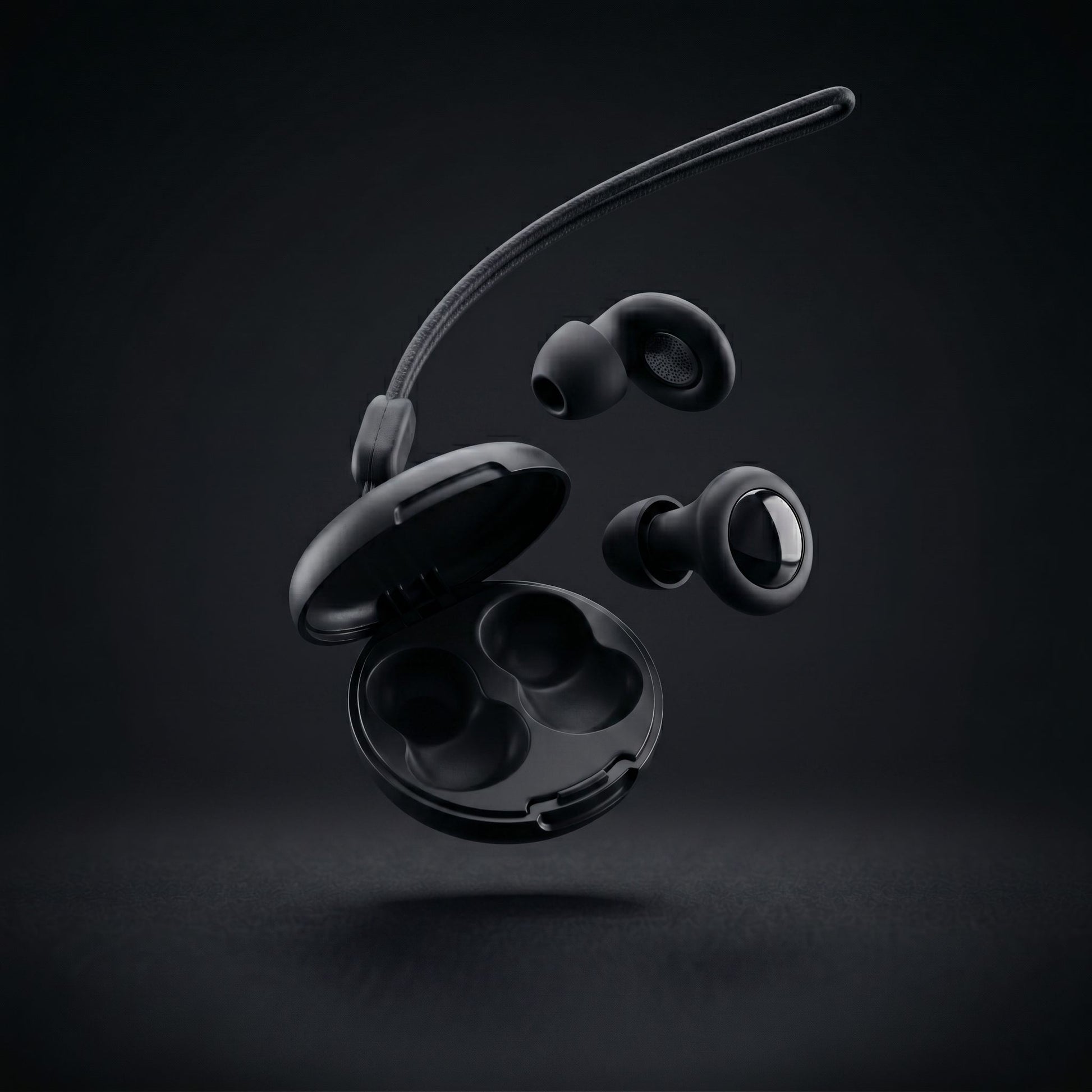 earplugs and case floating in mid air on a dark background 