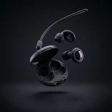 earplugs and case floating in mid air on a dark background 