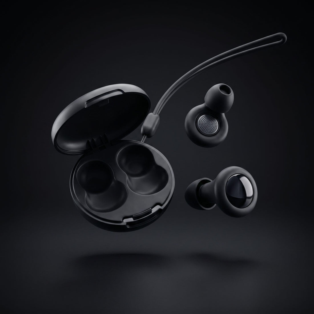 earplugs case and earplugs float mid air on dark background 