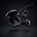 earplugs case and earplugs float mid air on dark background 