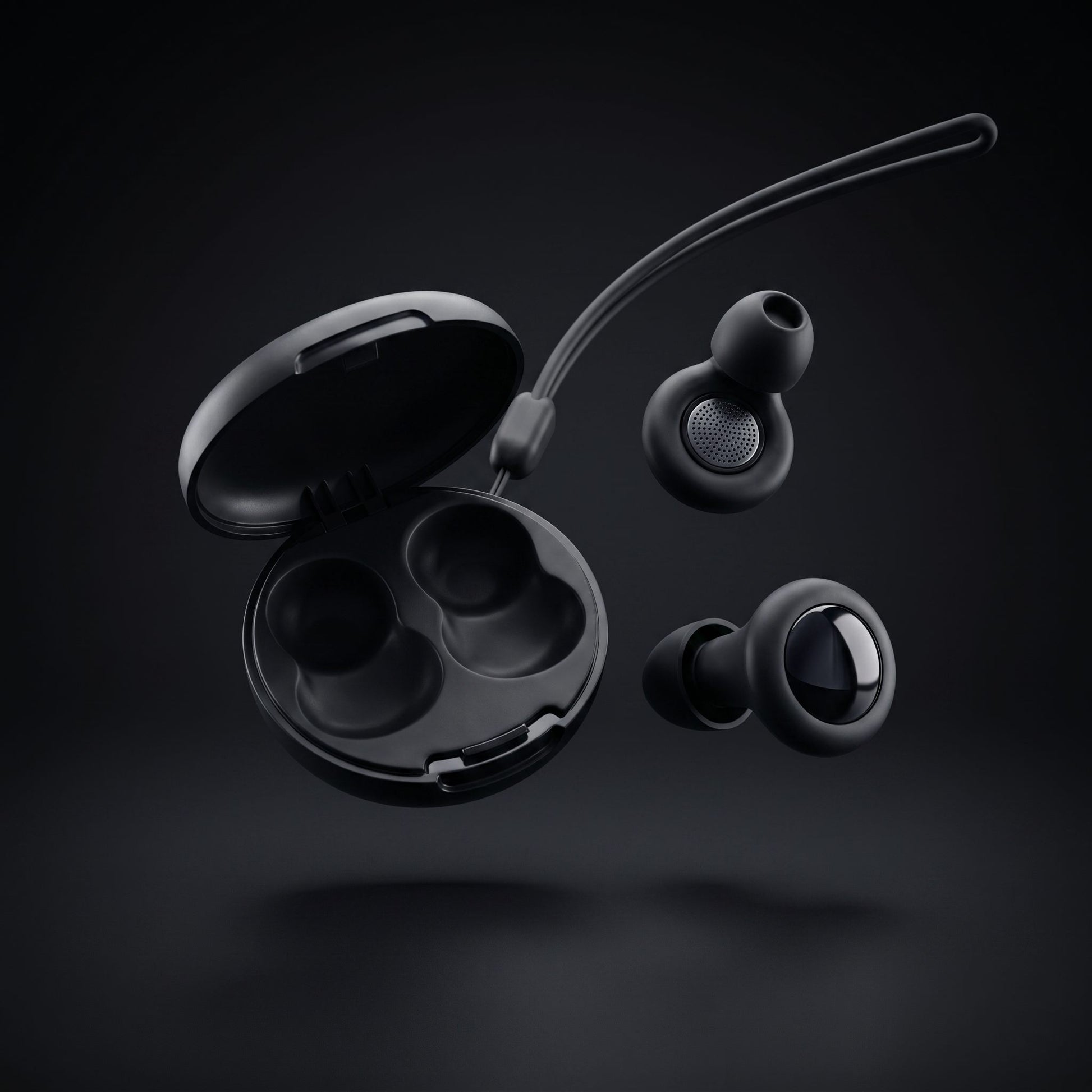 earplugs case and earplugs float mid air on dark background 