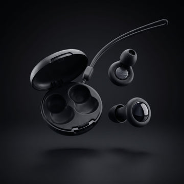 earplugs case and earplugs float mid air on dark background 