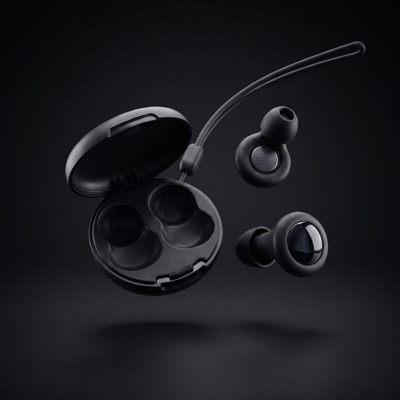 earplugs case and earplugs float mid air on dark background 