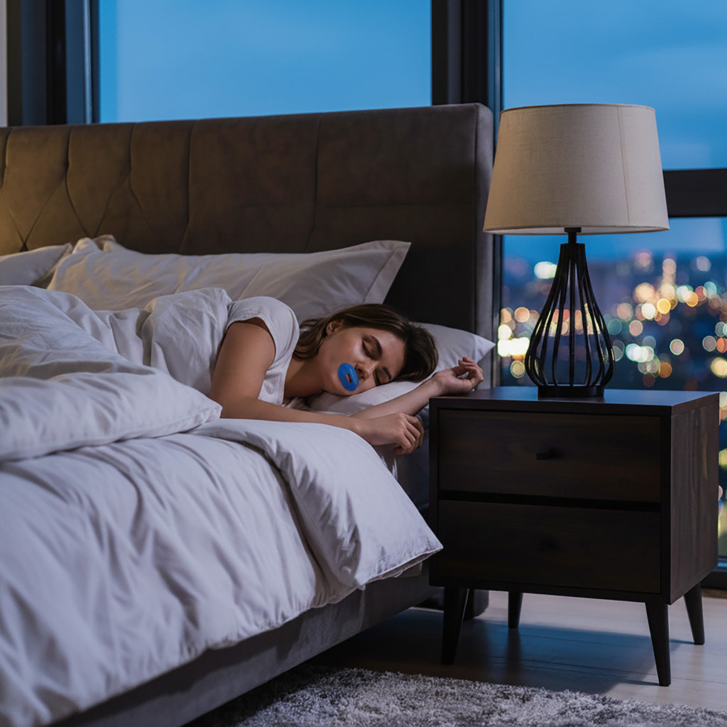 woman sleeps in bed wearing space rest sleep mouth tape 