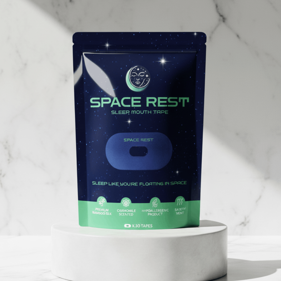 Space Rest sleep mouth tape packaging on a marble background